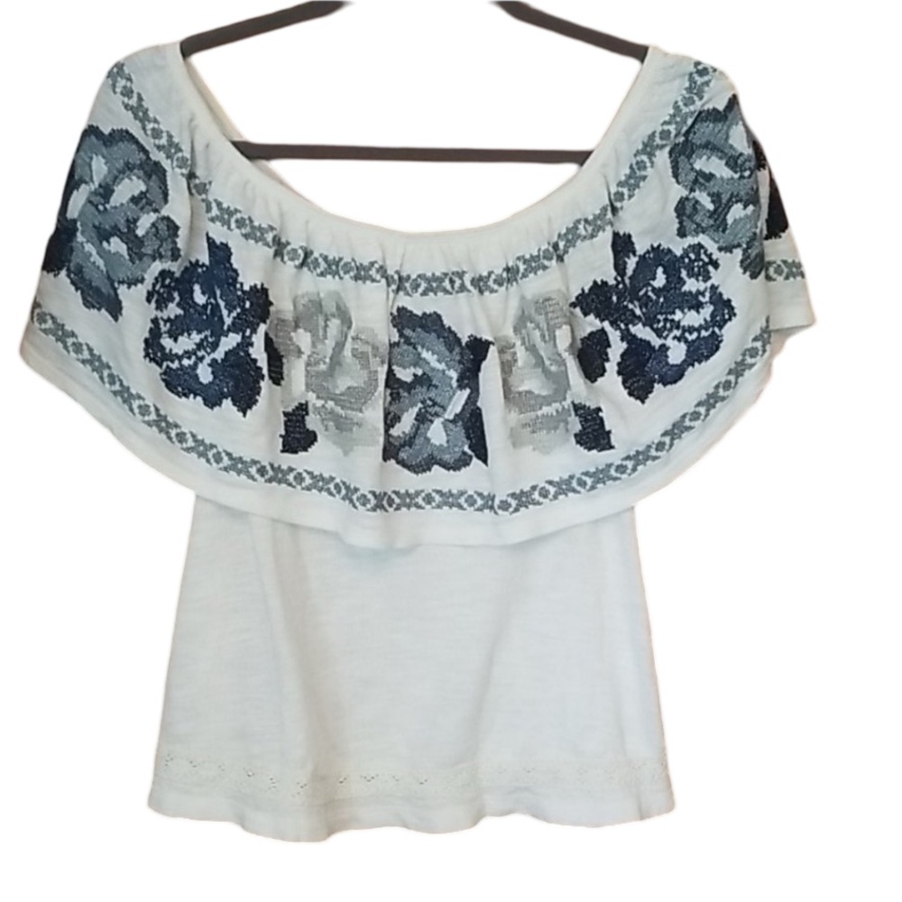 Free People White & Blue Embroidered Off The Shoulder Top. 100% Cotton. Small - Picture 5 of 7